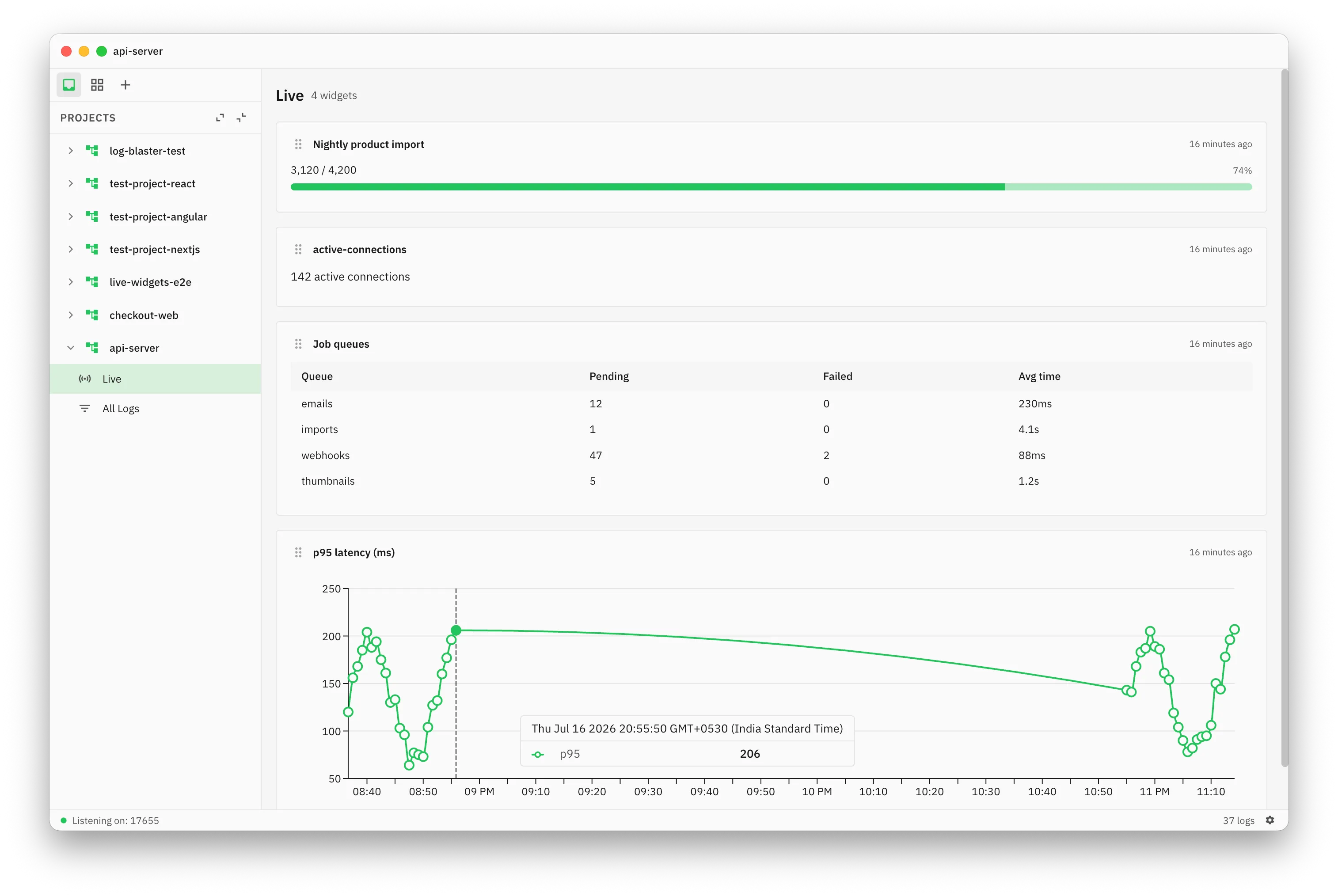 The Live page showing a progress bar, a value card, a job-queues table, and a latency chart updating in real time