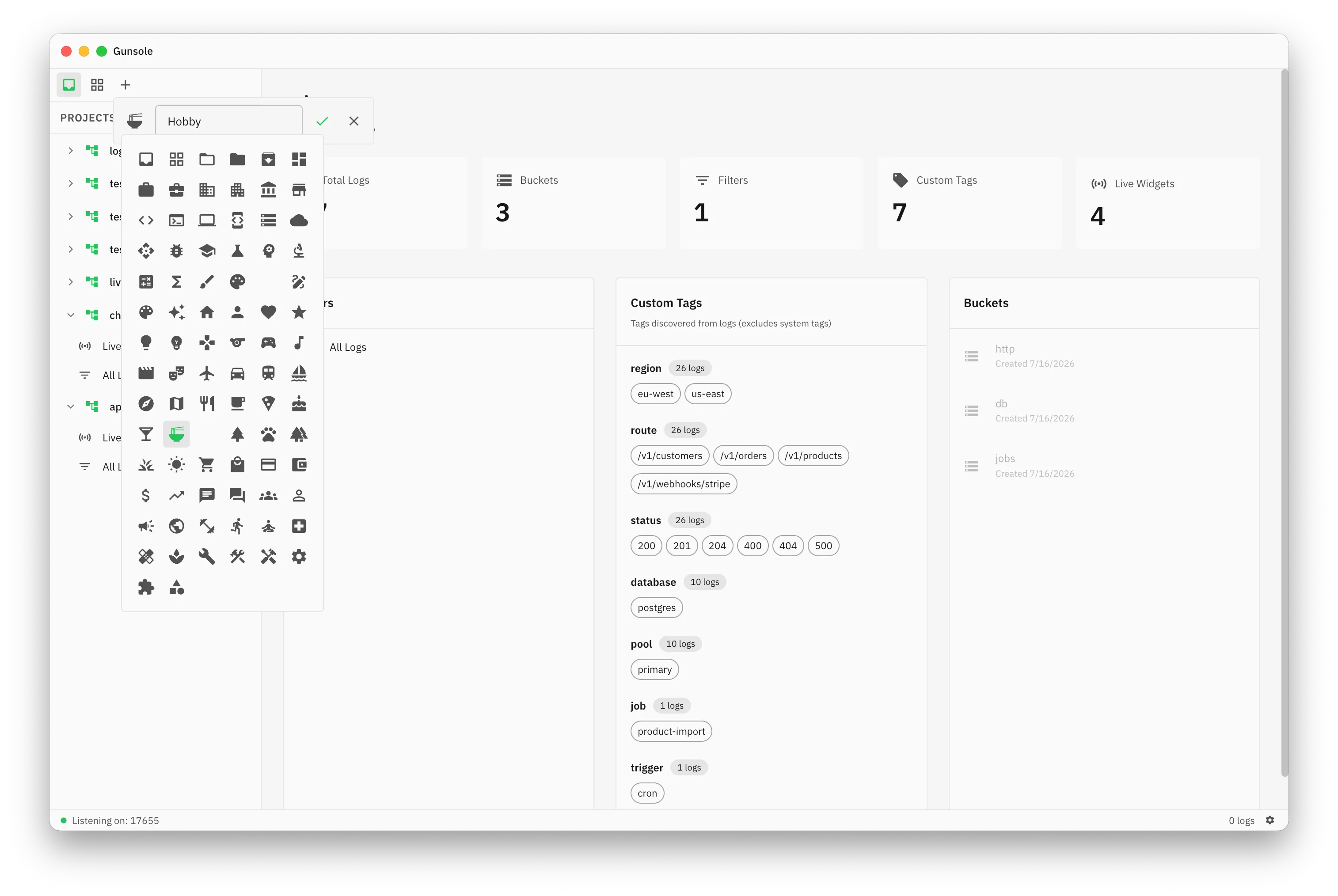 Creating a workspace named Hobby with the icon picker open